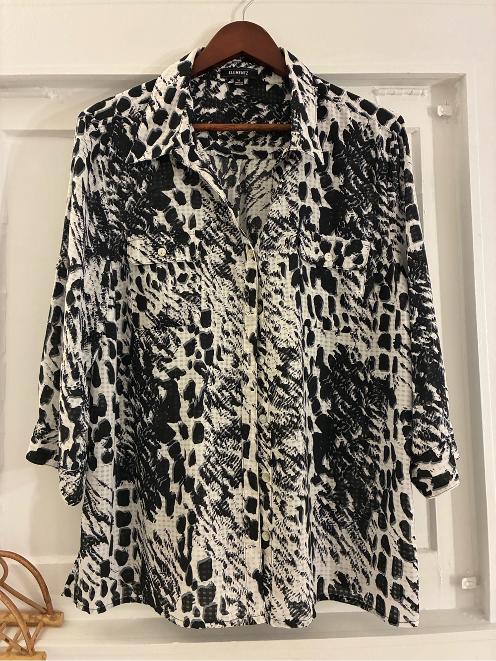 Elementz Black & White Printed Button-Up Shirt - 3/4 length sleeve - semi sheer